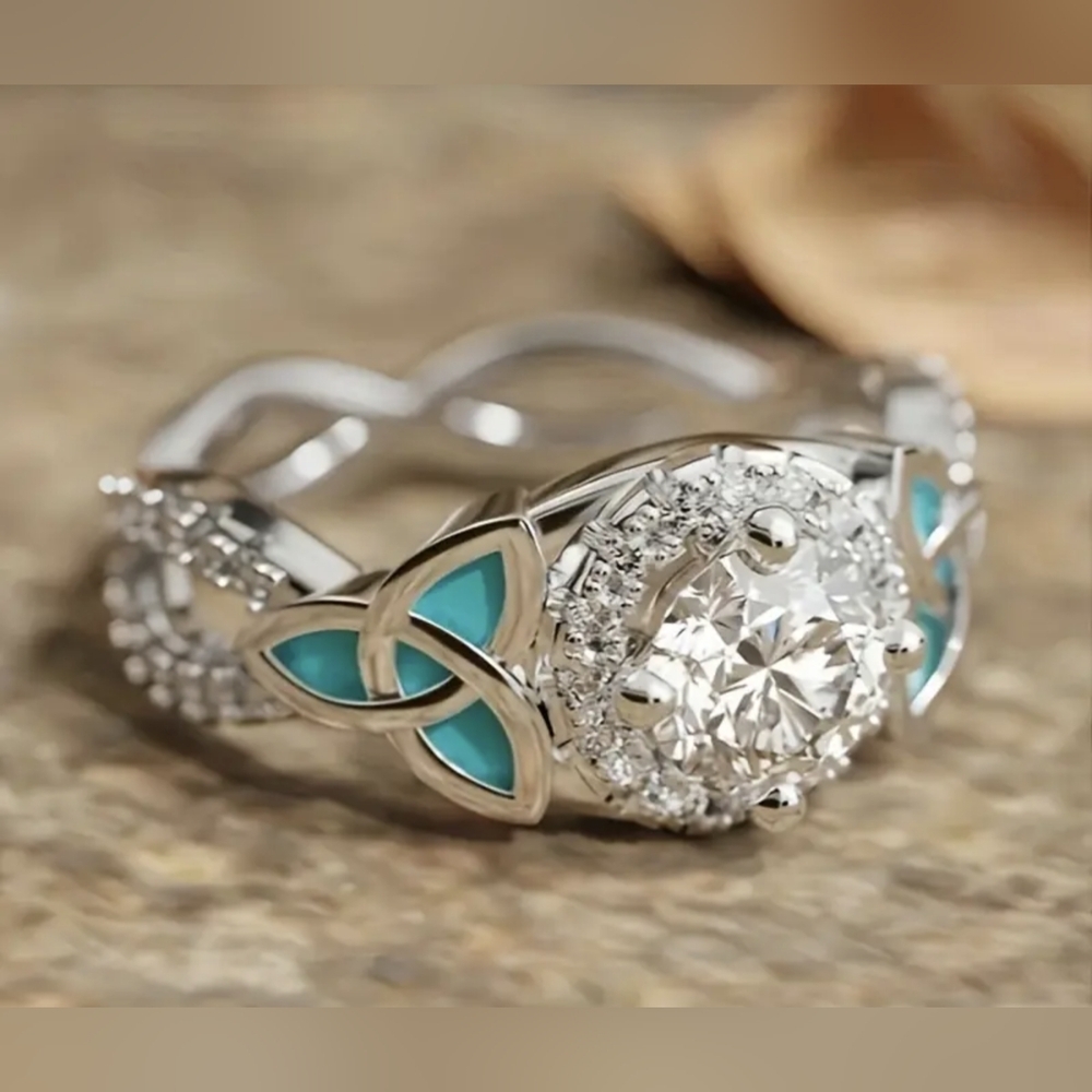 Celtic Knot Turquoise CZ Ring Silver Tone Halo Ring Round Cut Engagement T2B3A
